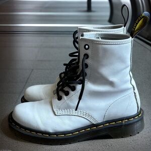 White Doc Martens; matte leather combat boots